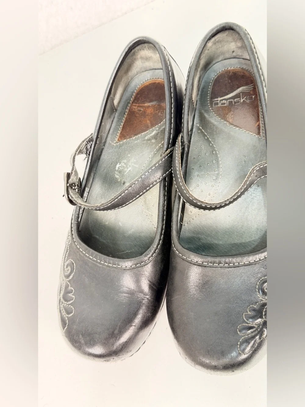 Dansko Black Leather Mary Jane Clogs Floral Comfort Shoes EU 39 size 8.5 - 9